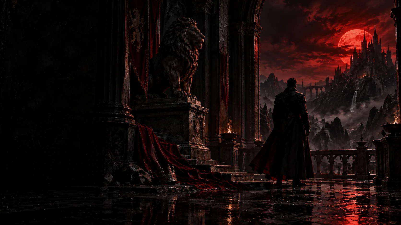 Figura solitaria frente a una ciudadela gótica bajo una luna roja, en un entorno oscuro y cinematográfico.