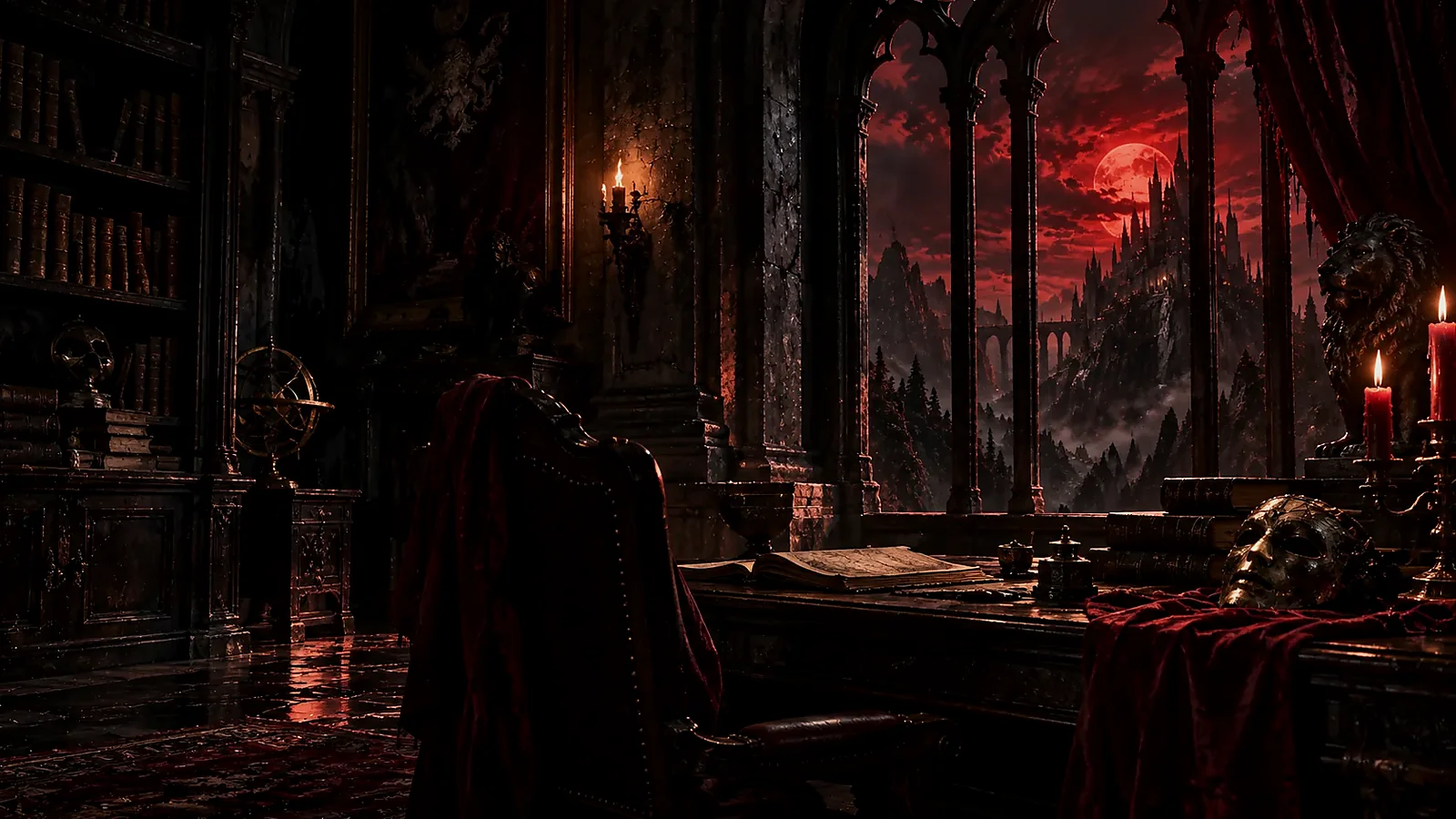 Estudio oscuro con libros, una máscara y una fortaleza bajo una luna roja.