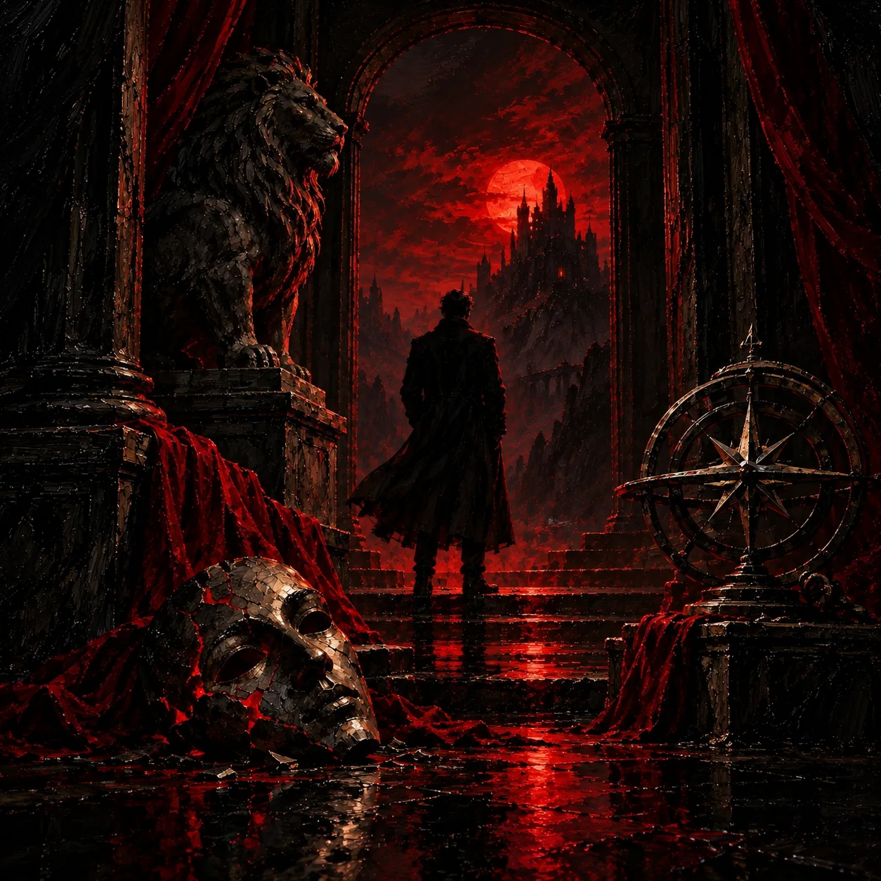 Ilustración de Mente Siniestra con máscara, león y brújula bajo una luna roja.